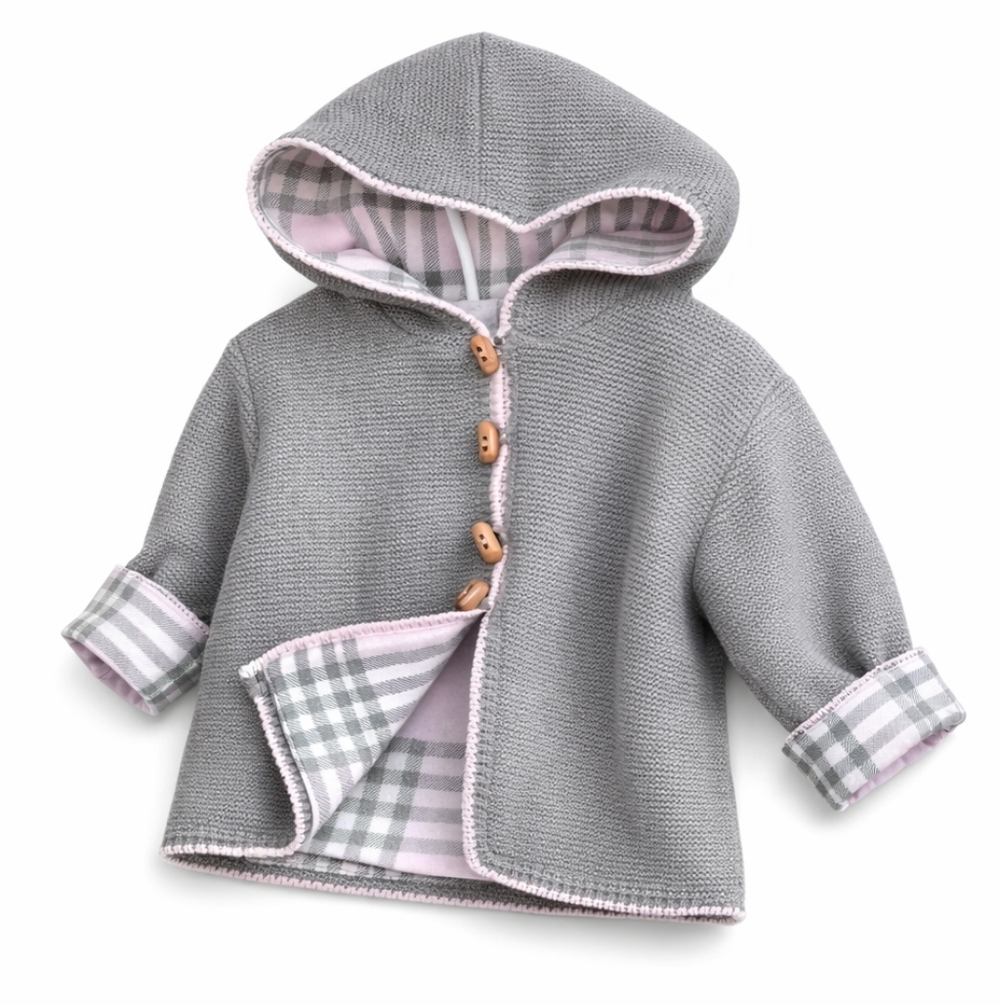 A Soft Idea Seed Stitch Reversible Baby Hoodie 12M Gray Knit Plaid Jacket